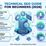 Overview of technical SEO guide for beginners in 2026 showing website optimization strategies