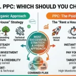 SEO vs PPC comparison showing organic search results and paid advertising strategies