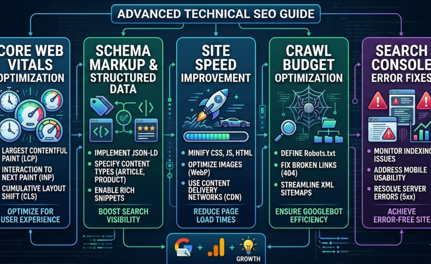 Advanced Technical SEO Guide: Core Web Vitals Optimization, Schema Markup, Site Speed Improvement, Crawl Budget Optimization, and Search Console Error Fix